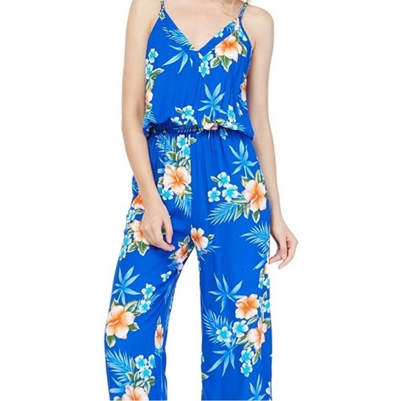 Hawaiian Sleeveless V with Pockets Jumpsuit in Hibiscus Blue Sz S - Picture 6 of 7